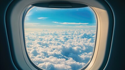 Aerial perspective of a cloudy sky seen through an airplane window