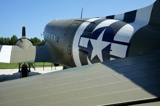 Douglas C47 Dakota outside The Merville Gun Battery Museum. Merville-Franceville-Plage, France, July 2023. 