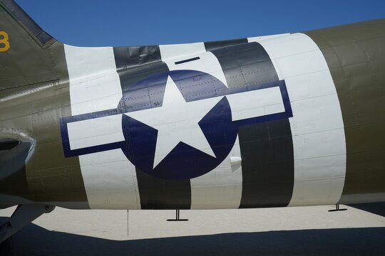 Tail section of a Douglas C47 Dakota outside The Merville Gun Battery Museum, Merville-Franceville-Plage, France, July 2023. 