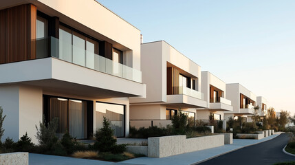 Modern row of minimalist residential houses with large glass windows and landscaped gardens at sunset