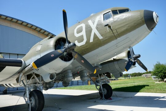 Douglas C47 Dakota outside The Merville Gun Battery Museum, Merville-Franceville-Plage, France, July 2023. 