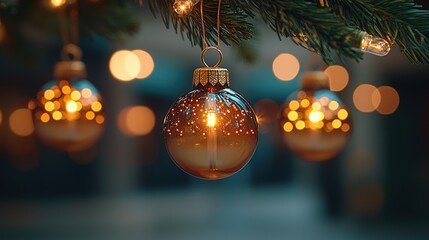Festive christmas ornaments with warm glowing lights on evergreen tree branch