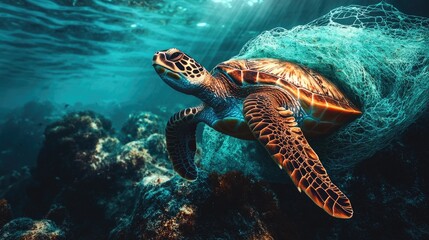 Fototapeta premium Turtle Entangled in Fishing Net Underwater Environment