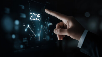 Businessman analyzing 2025 stock market trends on futuristic touchscreen interface