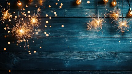 Celebratory banner for New Year featuring sparklers fireworks and bokeh lights against a rustic dark blue wooden backdrop with space for custom text