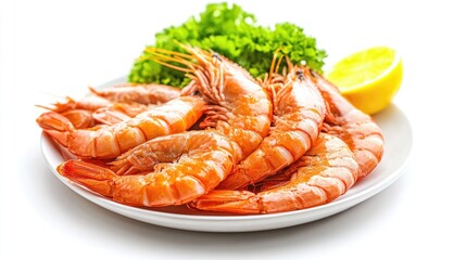 Cooked king prawns arranged on a dish isolated against a white background