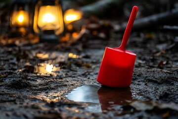Red shovel in muddy puddle with light reflection.