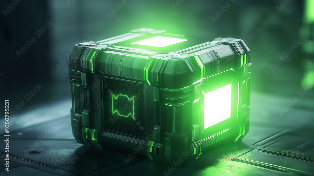 Poster mysterious glowing cube emitting light in futuristic setting
