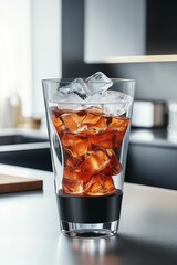 Glass of iced tea on countertop.