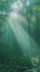 Obraz premium Sunbeams pierce through the fog in a dense, green forest.