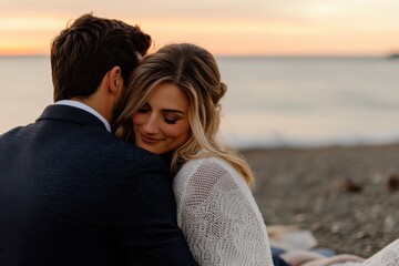 Obraz premium A joyful couple embraces on the sandy beach, basking in the warm glow of a sunset. Their happiness and connection are vividly captured in this romantic moment.