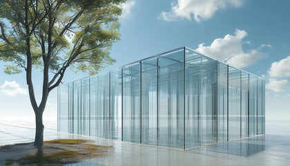 Fototapeta premium A modern glass structure stands alone by the serene water on a clear day