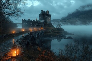 Explore the enchantment of a scottish castle nestled in a misty highland landscape