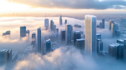 A bird view of modern city skyline covered by snow and thick fog