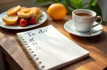 A cozy morning setup with a steaming cup of coffee, fresh fruit, and an empty to-do list ready for the day