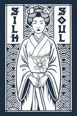 Geisha in a kimono with floral accents, against wave backdrop, embodies japanese culture in monochrome vector art