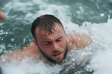 This image captures an exhausted swimmer as he pushes forward through the relentless pounding of ocean waves, his determination visible despite tiredness.