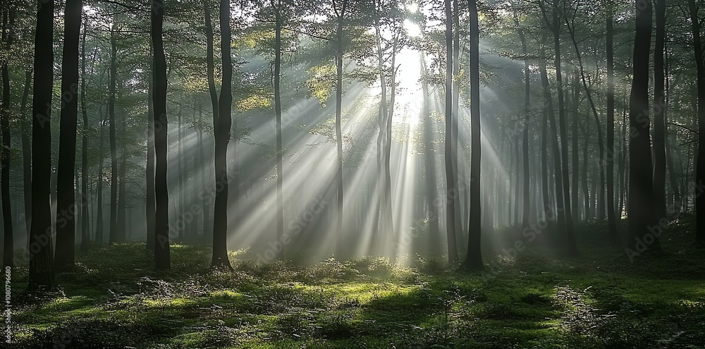 Poster sunbeams shining through the trees in a misty forest.