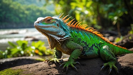 Obraz premium A vibrant green iguana basks at the river's edge, a Costa Rican jewel.