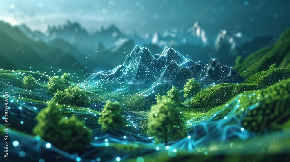 Aufkleber a digital rendering of a mountain range with blue lines and glowing points of light, with a green fi