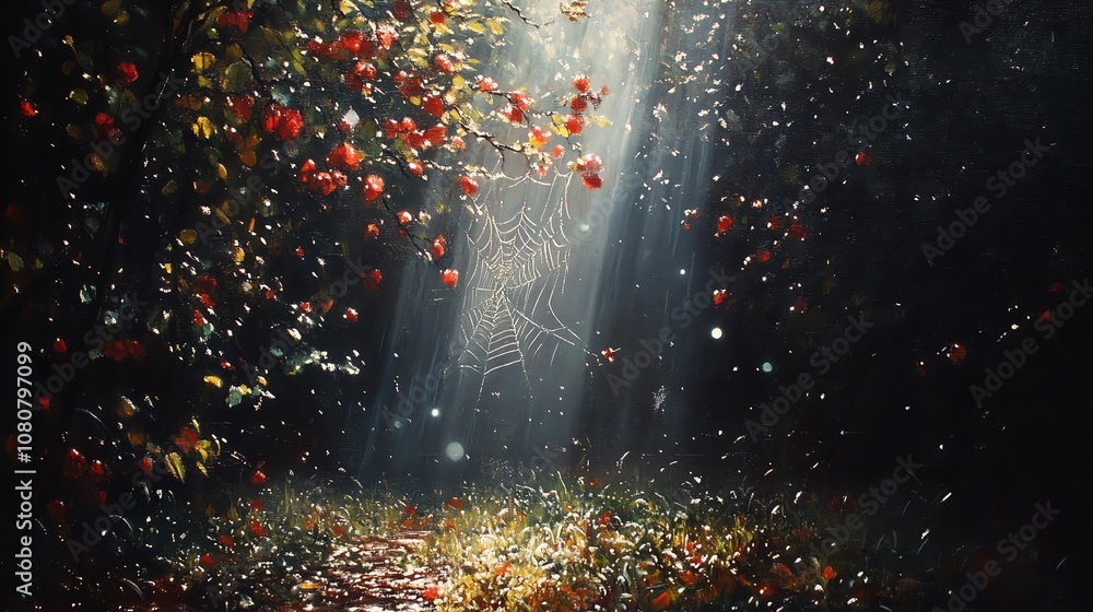 Poster sunlight beams through a forest, illuminating a spiderweb and fallen leaves.