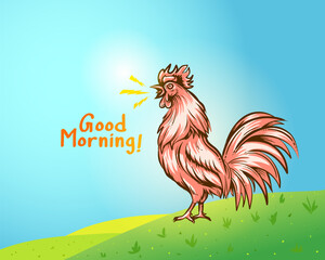 Vector illustration of a rooster wishing good morning. Good morning symbol during sunrise with cartoon rooster.