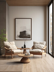 Minimalist Living Room Interior Design with Wooden Furniture and Beige Armchairs