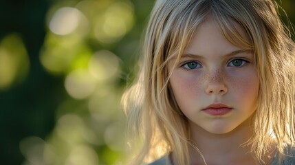 Naklejka premium Defocused close up of a pensive blond girl with a serious expression Blurred green nature bokeh creates a soft background for this portrait of a confused child