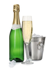 Champagne and bucket with ice isolated on white