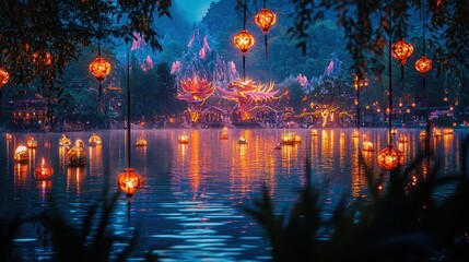 Obraz premium A crystal-clear image of a magical lake with dragon lanterns floating and reflecting on the water The details of the colors and reflections add to the enchanting quality of the scene A peaceful 