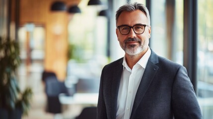 Fototapeta premium Confident mature businessman in a modern office setting representing a professional leader in finance management and entrepreneurial ventures
