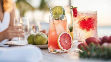Christmas tropical casual concept, A vibrant summer scene featuring refreshing cocktails with citrus garnishes, surrounded by a sunny outdoor setting and fresh fruits on a table.