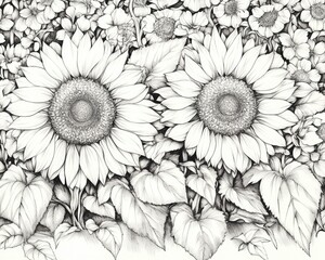 Hand-drawn Sunflower Set. Vintage Botanical Illustration in Black and White