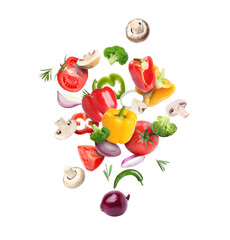 Many different fresh vegetables in air on white background