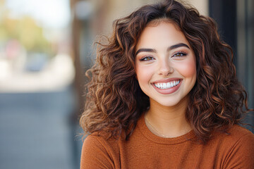 Joyful young woman smiling in urban setting portrait photography bright atmosphere close-up view happiness concept