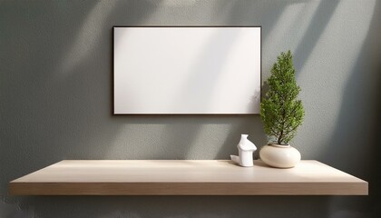 Light exhbition room interior shelf with decoration, mockup poster