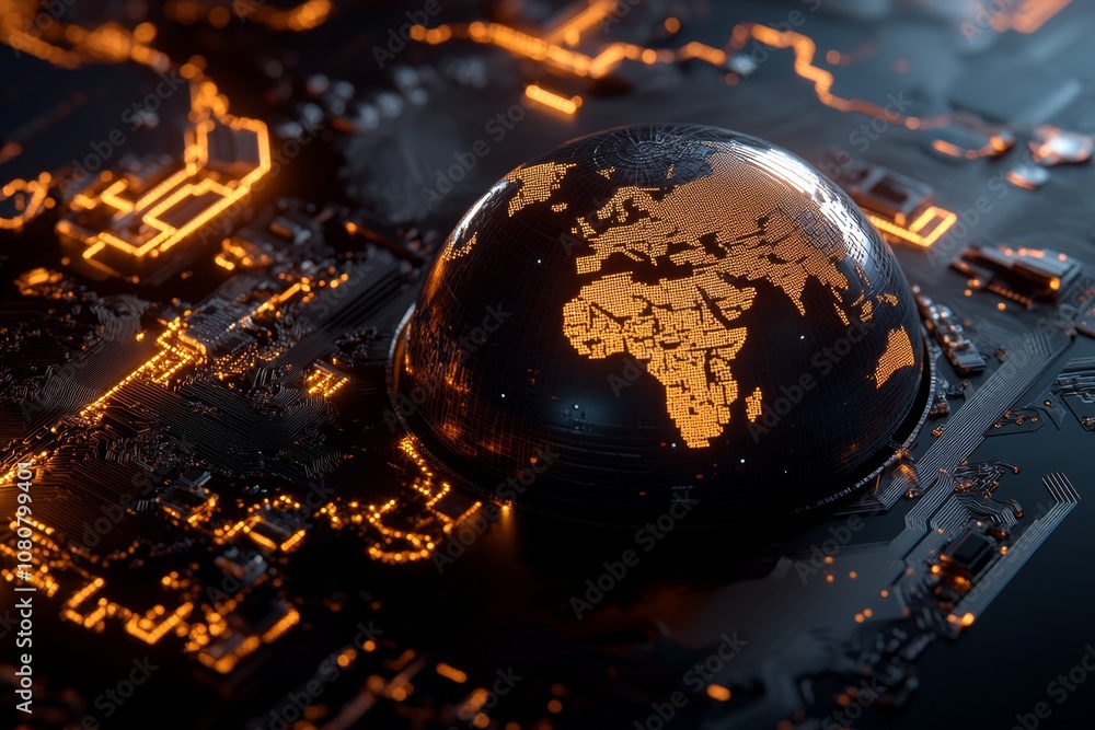 Poster 3d rendering of digital financial symbols floating around a globe global finance theme