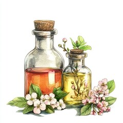 Healing Herbal Elixir from Fresh Botanical Hawthorn Flowers. Handcrafted Natural Remedy in Vintage Bottle