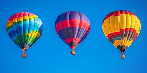 Fototapeta premium Three colorful hot air balloons floating in a clear blue sky.