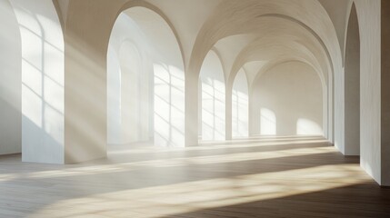 Fototapeta premium Sunlight streaming through graceful white archways onto a wooden floor