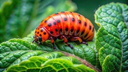 Fototapeta premium Colorado Potato Beetle Larva on Potato Leaf - Macro Photography
