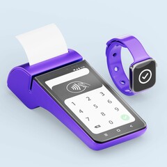 3D illustration of a modern purple payment terminal with smartwatch for contactless transactions