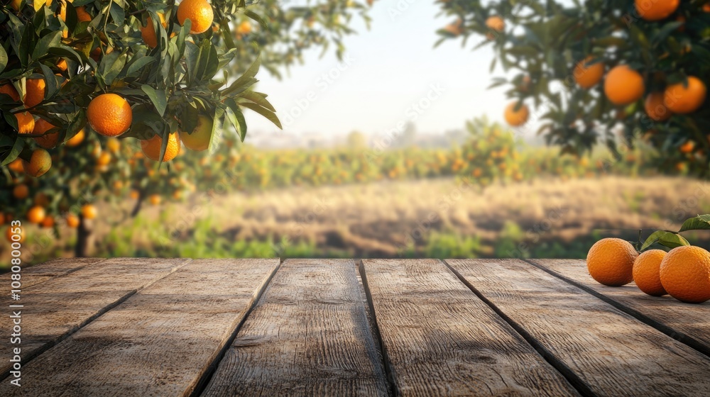 Poster wooden table with empty space set against a background of orange trees and field ideal for product d