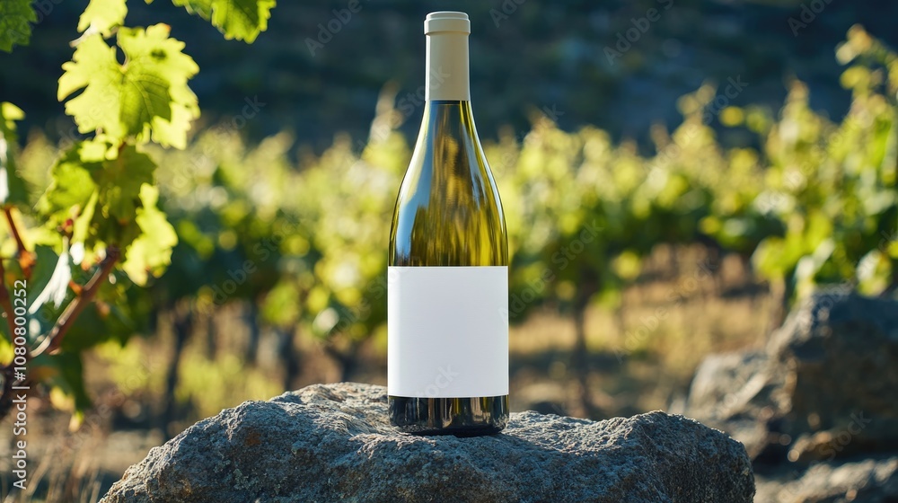 Poster white wine bottle displayed on a rock in a vineyard featuring a blank label perfect for showcasing y