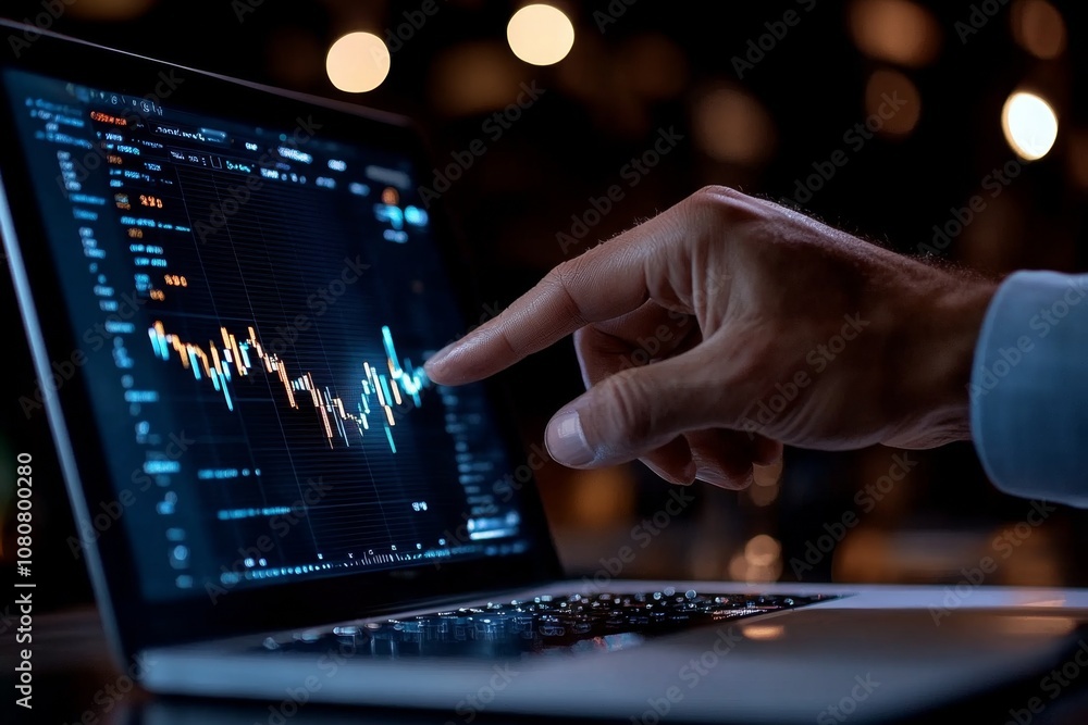 Poster a close-up of a hand pointing at a financial graph on a laptop screen in an office environment showi