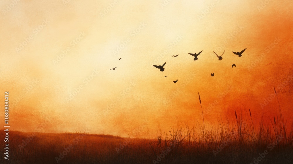 Poster Birds soar across a vibrant orange sky at sunset, creating a serene silhouette, AI