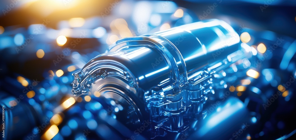 Poster turbocharger installation concept. a close-up view of a futuristic, metallic component surrounded by