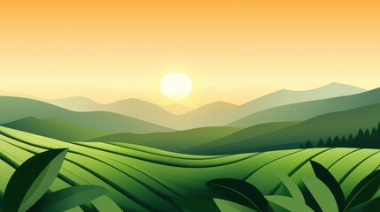 Obraz premium Sunrise Over Tranquil Tea Plantation Landscape