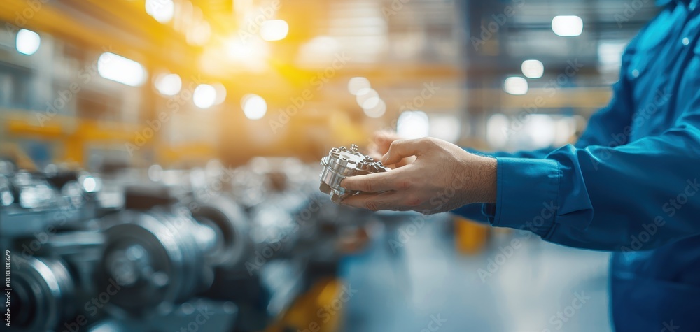 Poster Turbocharger installation concept. A worker examines a metal part in a manufacturing facility, showcasing precision and the importance of quality control in industrial processes.
