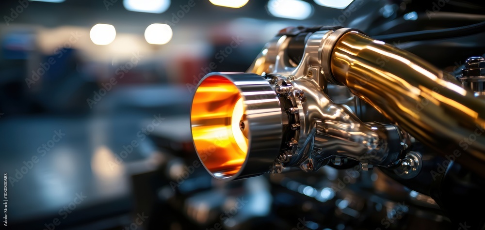 Poster turbocharger installation concept. a close-up of an engine component showcasing a shiny, metallic ex